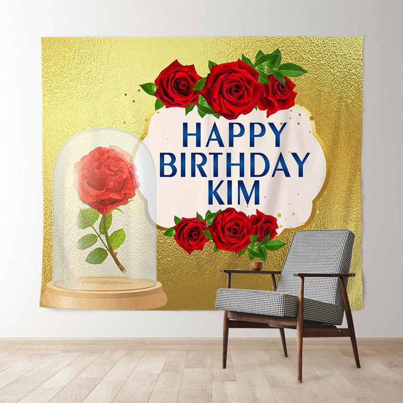 Lofaris Personalized Gold Foil Red Rose Birtthday Backdrop