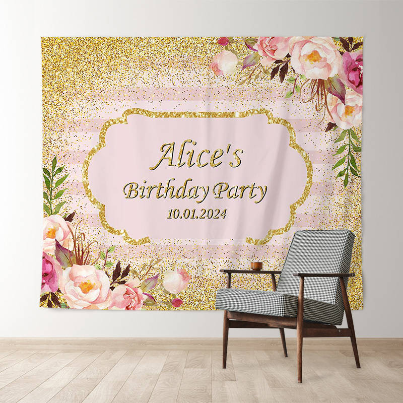Lofaris Personalized Gold Glitter Floral Birthday Backdrop
