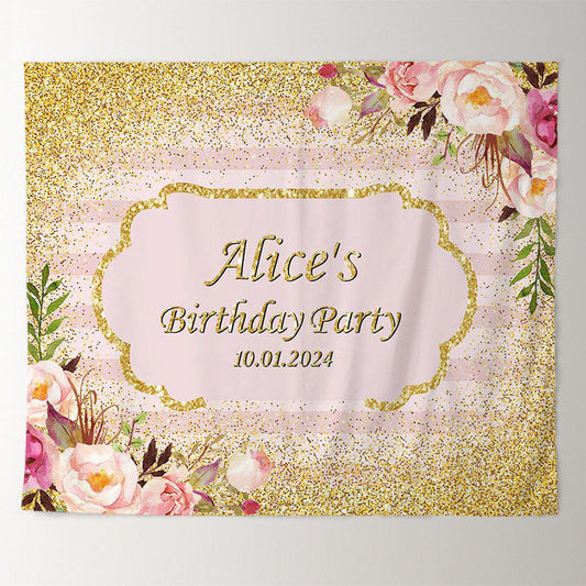 Lofaris Personalized Gold Glitter Floral Birthday Backdrop