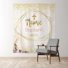 Lofaris Personalized Gold Glitter Floral Baptism Backdrop For Girl