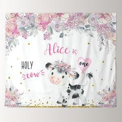 Lofaris Personalized Holy Cow Floral 1st Birthday Backdrop