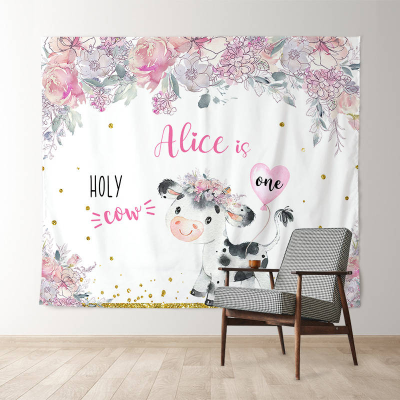 Lofaris Personalized Holy Cow Floral 1st Birthday Backdrop