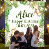 Load image into Gallery viewer, Lofaris Personalized Jungle Green Leaves Birthday Backdrops for Baby