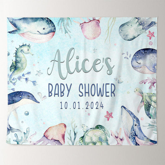 Lofaris Personalized Marine Animals Blue Baby Shower Backdrop
