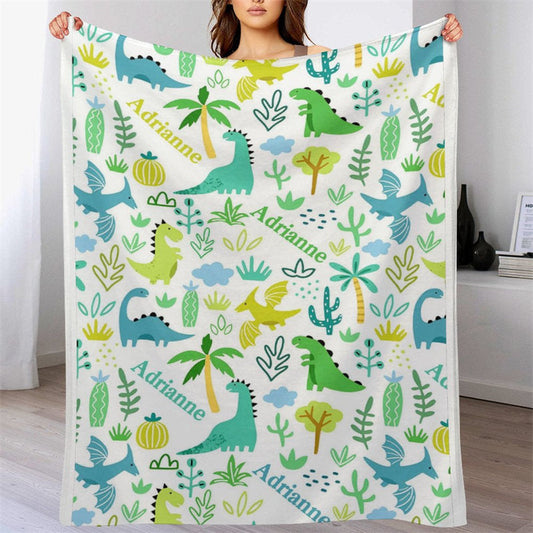 Personalized Name Dinosaurs Plants Blanket For Kids Lofaris