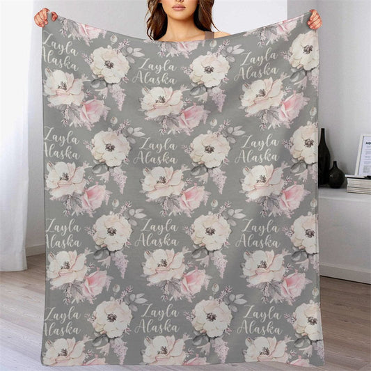 Lofaris Personalized Name Grey Floral Blanket Gift For Girl