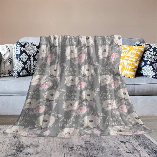 Lofaris Personalized Name Grey Floral Blanket Gift For Girl