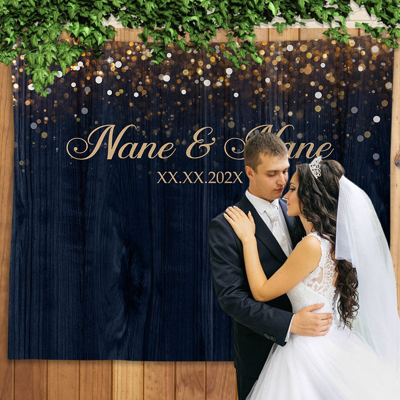 Lofaris Personalized Navy Blue Bokeh Wood Wedding Backdrop Banner