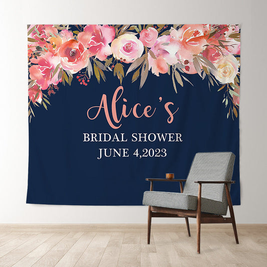 Lofaris Personalized Navy Coral Floral Wedding Backdrop
