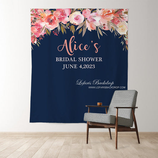 Lofaris Personalized Navy Coral Floral Wedding Backdrop