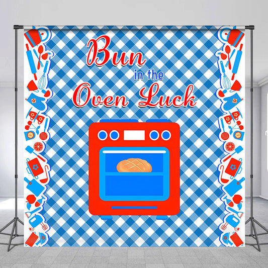 Lofaris Personalized Oven Luck Blue Plaid Baby Shower Backdrop