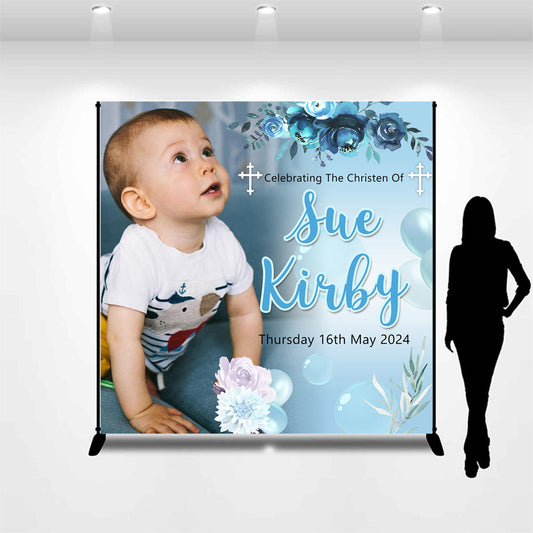 Lofaris Personalized Photo Blue Floral Bubble Baptism Backdrop