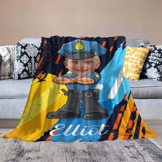 Lofaris Personalized Photo Cartoon Hug Policeman Boy Blanket