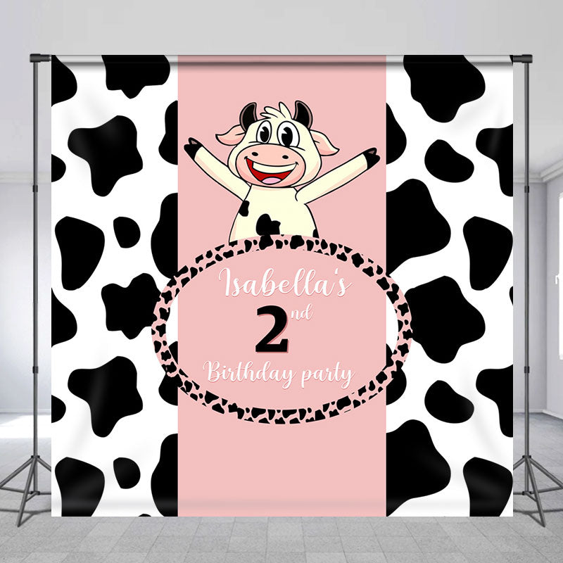Lofaris Personalized Pink Cow Pattern 2nd Birthday Backdrop