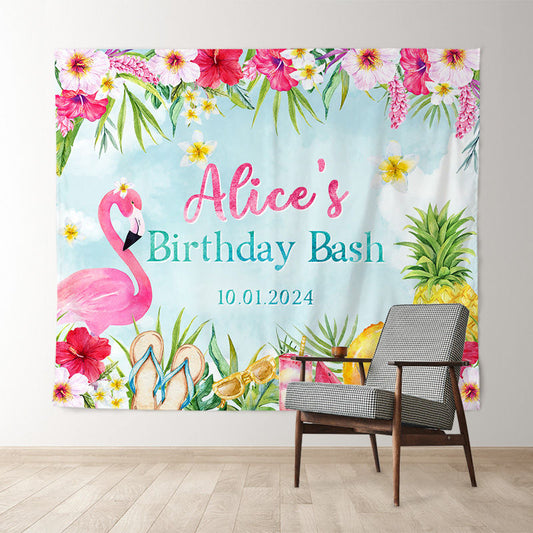 Lofaris Personalized Pink Flamingo Hawaii Birthday Backdrop