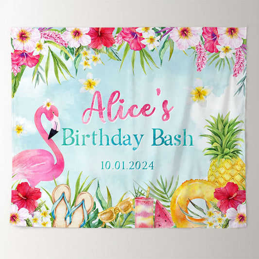 Lofaris Personalized Pink Flamingo Hawaii Birthday Backdrop