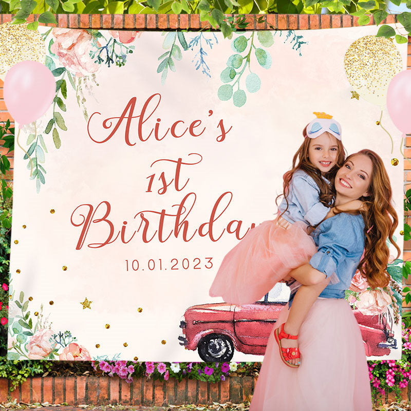 Lofaris Personalized Pink Floral Greeny Girl Birthday Banner