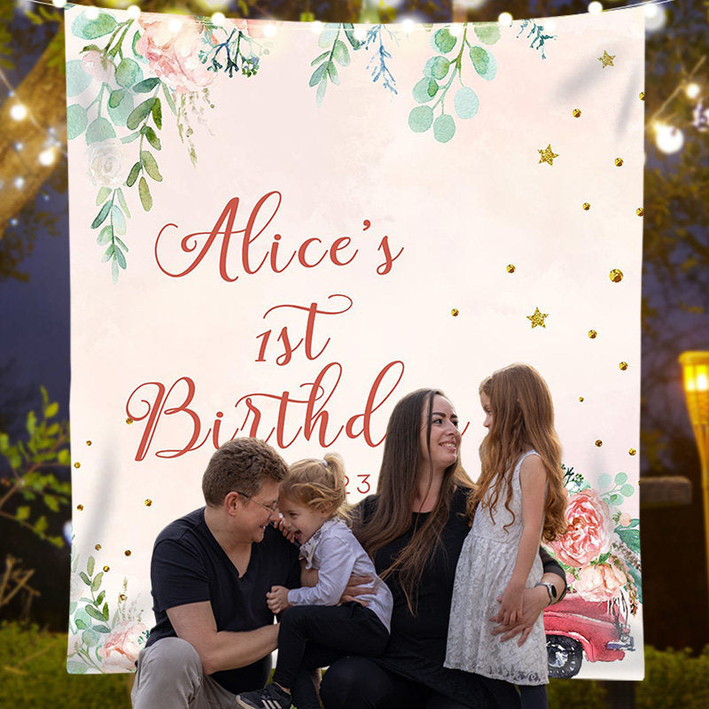 Lofaris Personalized Pink Floral Greeny Girl Birthday Banner