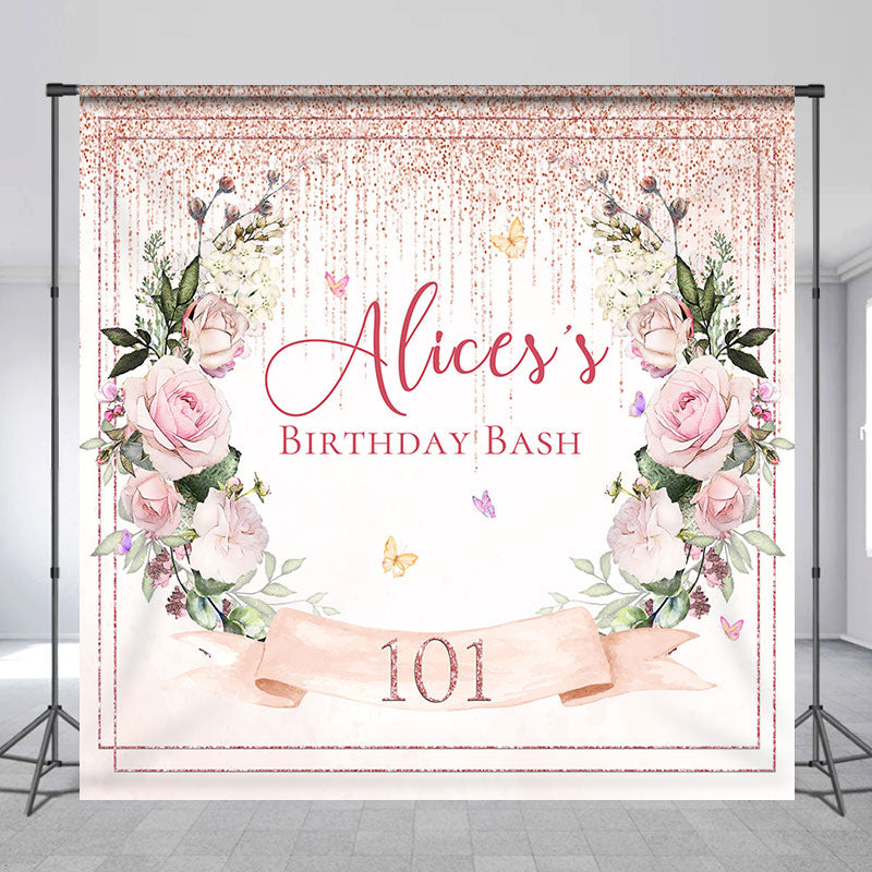 Lofaris Personalized Pink Floral Leaves Birthday Backdrop