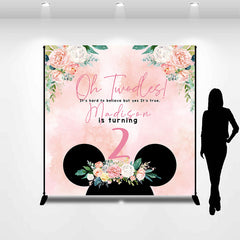 Lofaris Personalized Pink Floral Mouse 2nd Birthday Backdrop