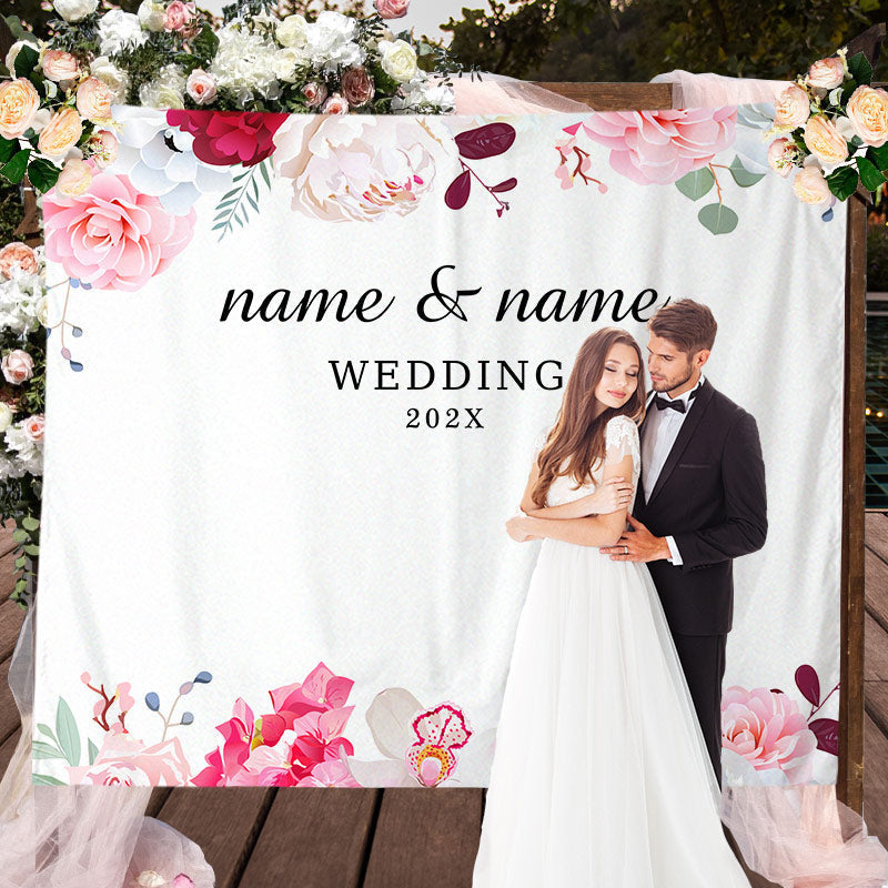 Lofaris Personalized Pink Floral Wedding Backdrop Decor Banner