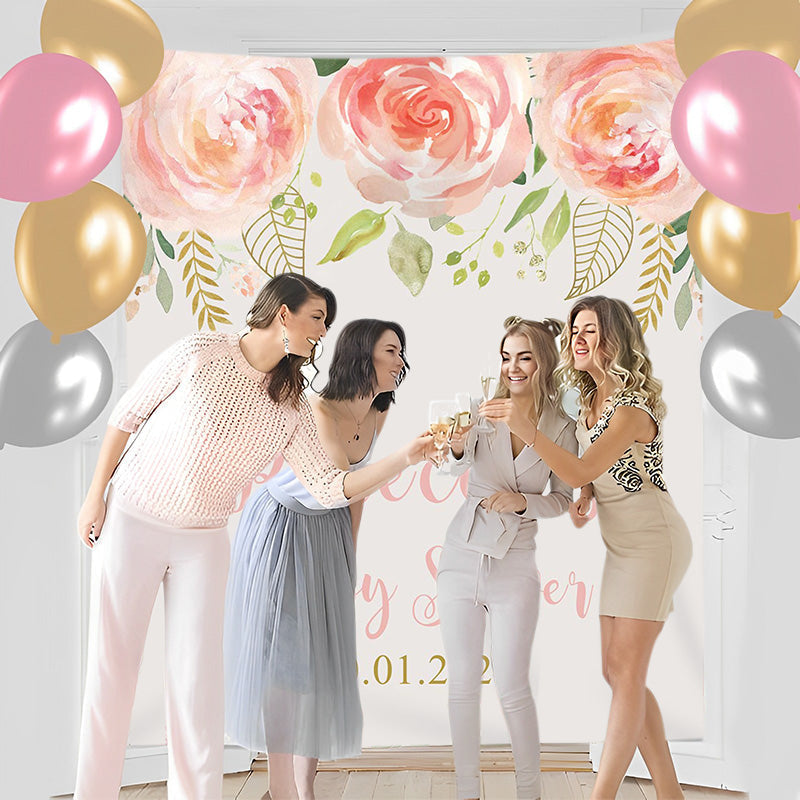Lofaris Personalized Pink Flower Gold Baby Shower Backdrop Banner