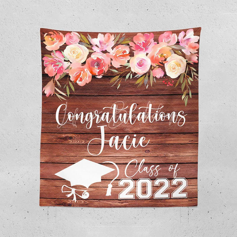 Lofaris Personalized Pink Flower Wood Graduation Backdrop Decor