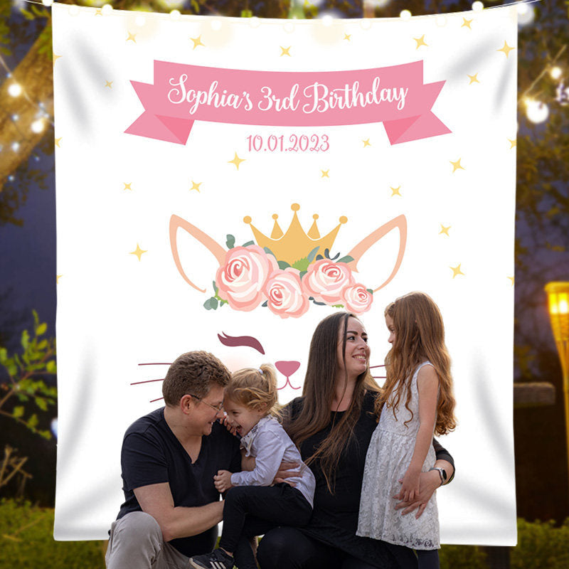 Lofaris Personalized Pink Gold Cat Birthday Backdrop Banner