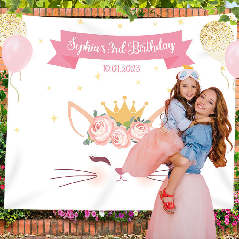 Lofaris Personalized Pink Gold Cat Birthday Backdrop Banner