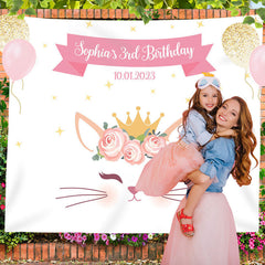 Lofaris Personalized Pink Gold Cat Birthday Backdrop Banner