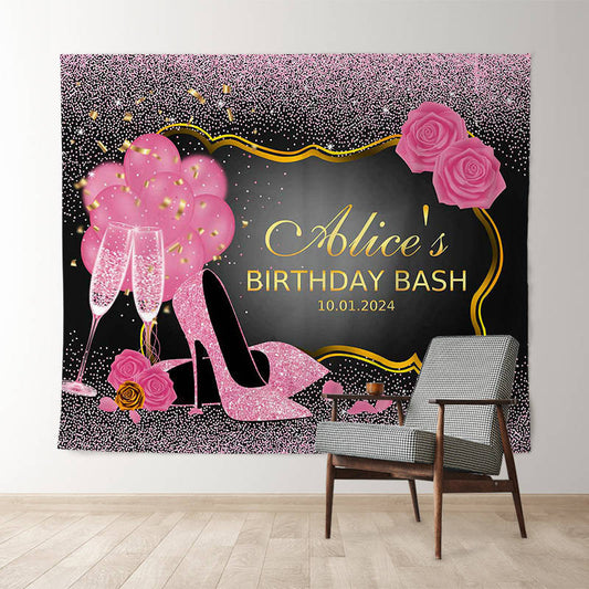 Lofaris Personalized Pink Sparkling Rose Birthday Backdrop