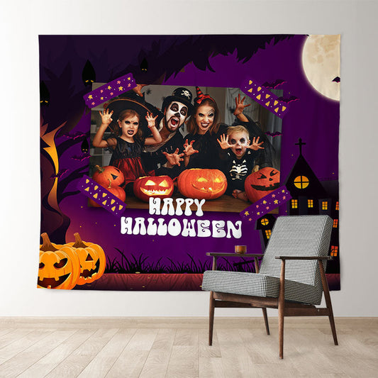 Lofaris Personalized Pumpkin Purple Happy Halloween Backdrop