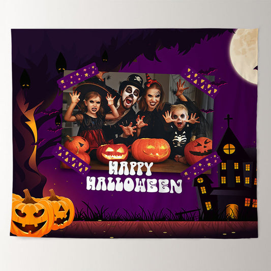 Lofaris Personalized Pumpkin Purple Happy Halloween Backdrop