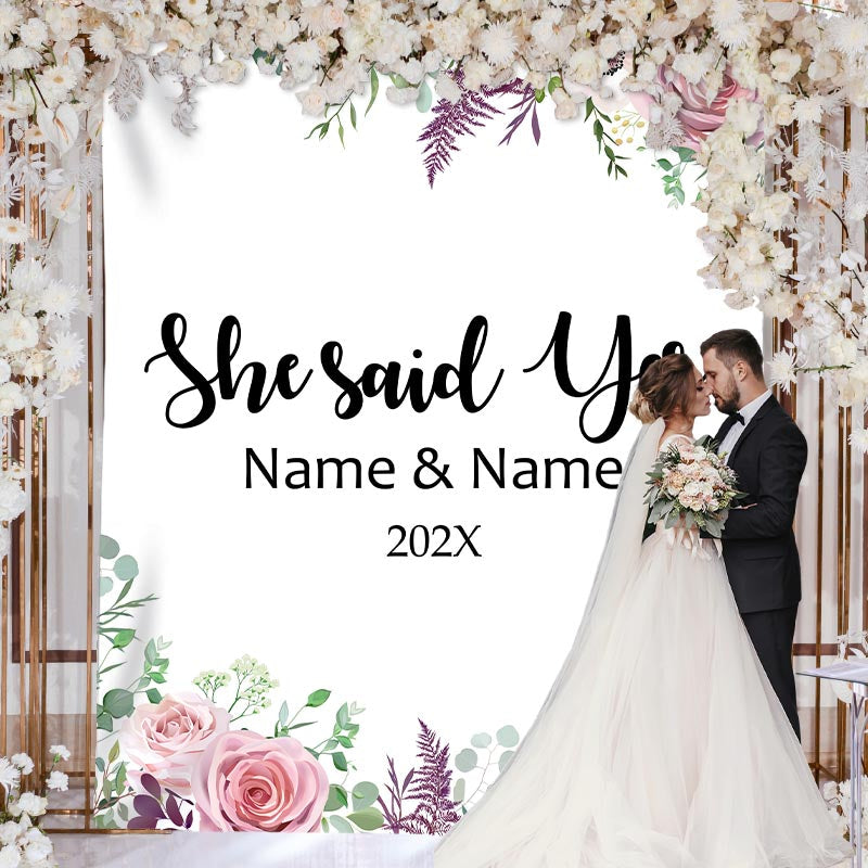 Lofaris Personalized Purple Floral Wedding Backdrop Decor Banner