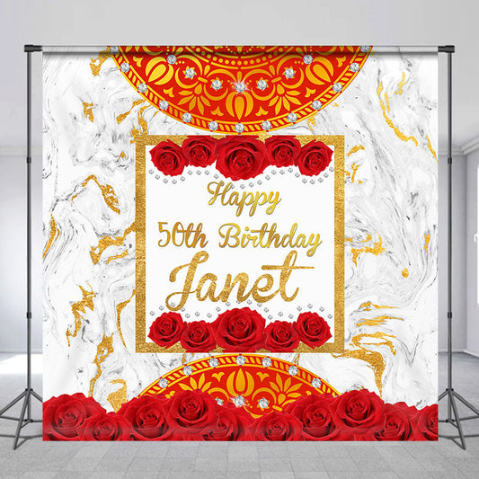 Lofaris Personalized Red Rose Abstract Marble Birthday Backdrop