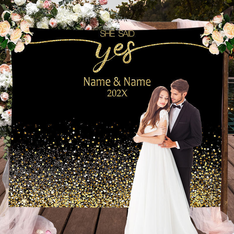 Lofaris Personalized She Said Yes Black Backdrop Decor Banner