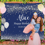 Load image into Gallery viewer, Lofaris Personalized Shiny Silver Balloon Blue Backdrops for Birthday Party