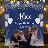 Load image into Gallery viewer, Lofaris Personalized Shiny Silver Balloon Blue Backdrops for Birthday Party