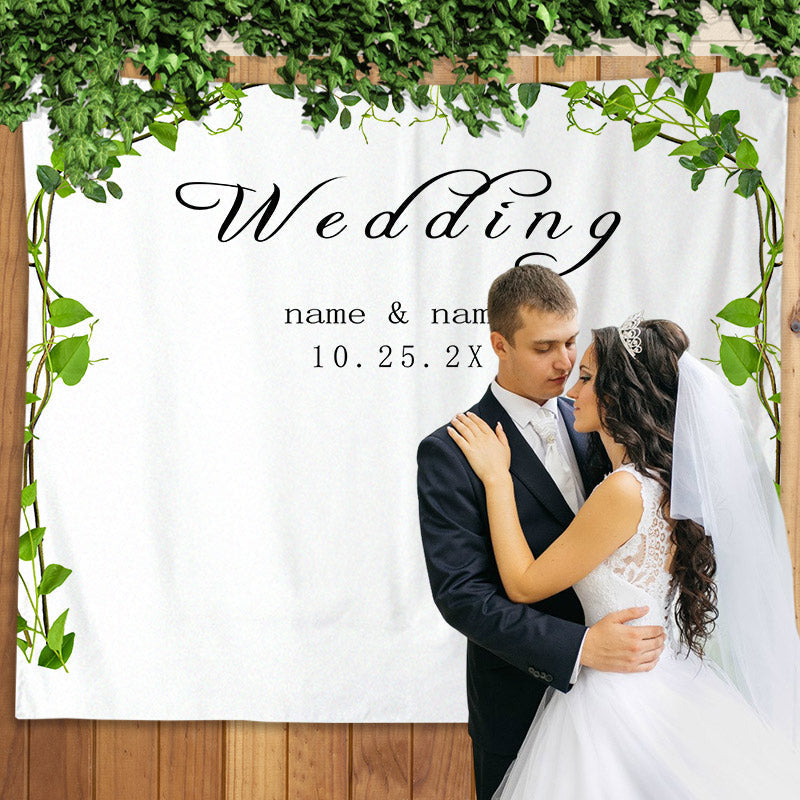 Lofaris Personalized Simple Green Leaf Wedding Backdrop Banner