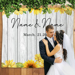 Lofaris Personalized Sunflowers And Grey Wood Wedding Backdrop Banner