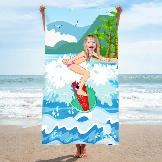 Lofaris Personalized Surfing Girl Waves Mountain Beach Towel