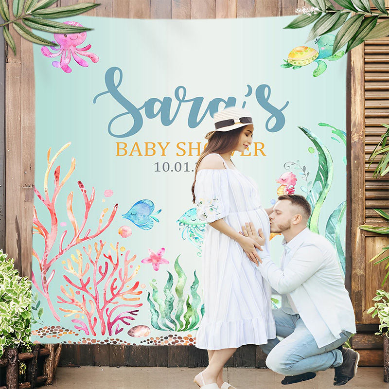 Lofaris Personalized Under the Sea Baby Shower Backdrop Banner