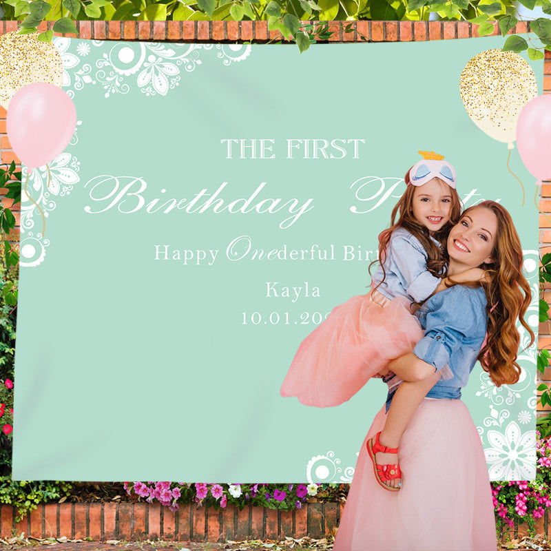 Lofaris Personalized White Flower Green Birthday Backdrop Banner