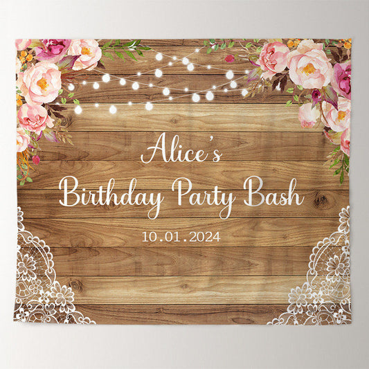 Lofaris Personzalized Pink Floral Brown Wood Birthday Backdrop