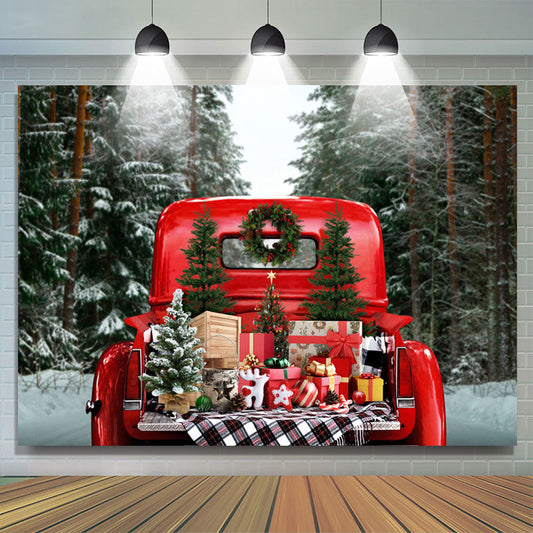 Lofaris Pine Forest Red Truck Presents Christmas Backdrop