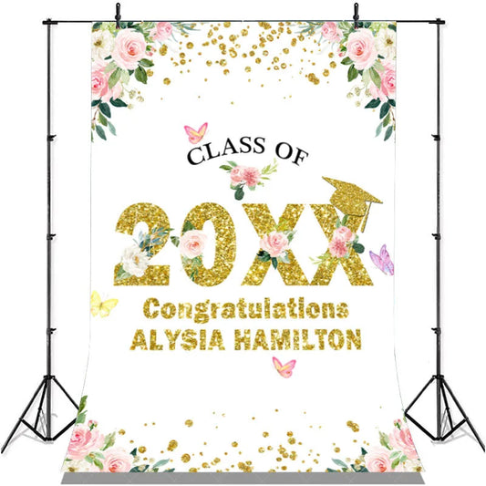 Lofaris Pink And White Floral Glitter Class Of 2022 Backdrop