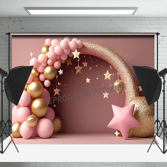 Lofaris Pink Balloon Gold Glitter Stars Cake Smash Backdrop
