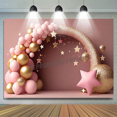 Lofaris Pink Balloon Gold Glitter Stars Cake Smash Backdrop