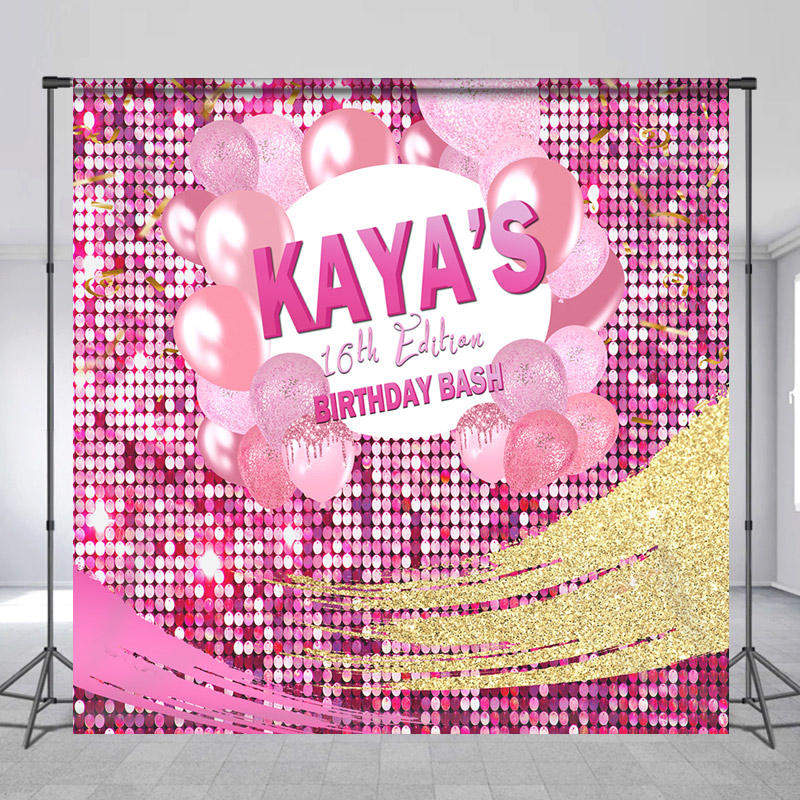 Lofaris Pink Balloon Sparkling Custom 16th Birthday Backdrop