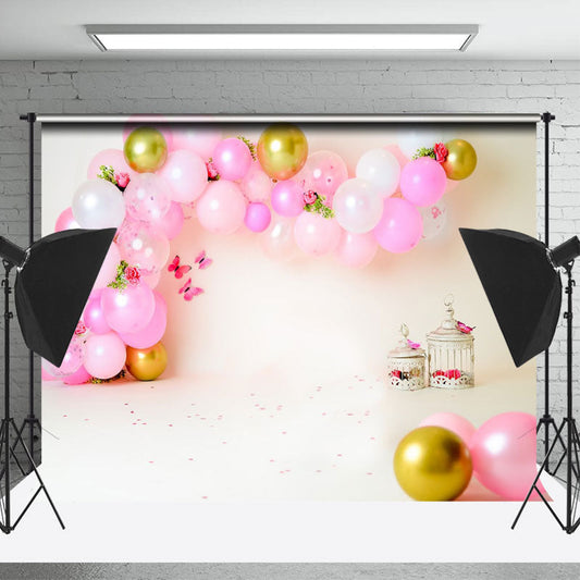 Lofaris Pink Balloons Warm Beige Butterflies Birthday Backdrop